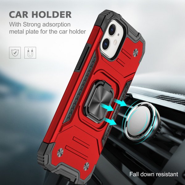 Wholesale Cube Style Armor Case with Rotating Ring Holder, Kickstand and Magnetic Car Mount Plate for iPhone 12 Pro Max 6.7 (Red)